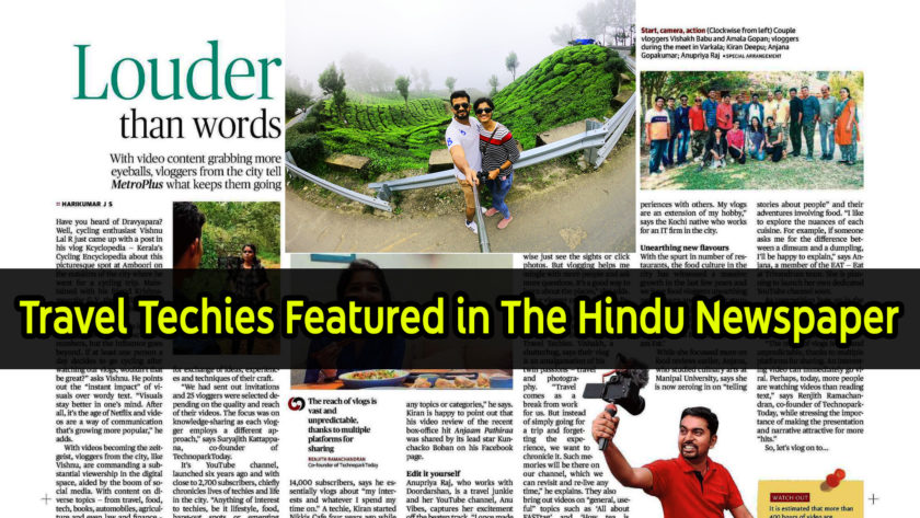 Travel Techies Vlog Featured in The Hindu on 18-01-2020